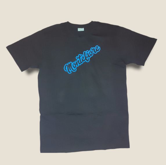 Black t-shirt with Royal blue Monte logo
