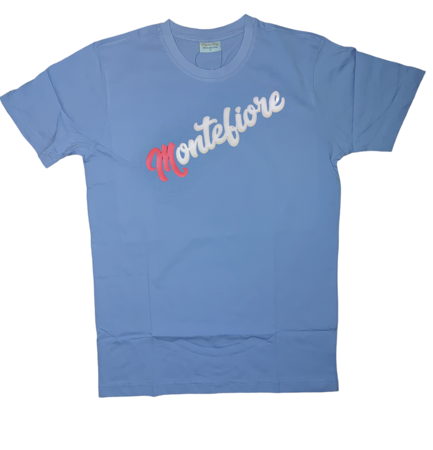 Baby blue short sleeve t-shirt with pink M logo
