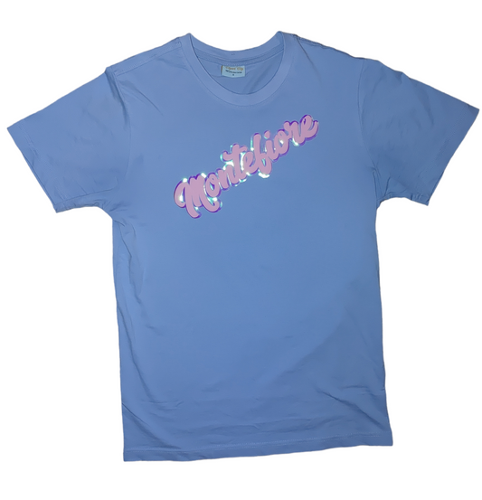 Holographic baby blue short sleeve t-shirt with Pink