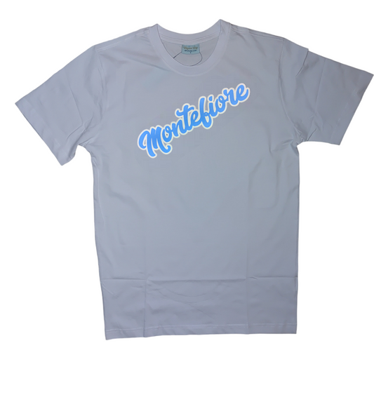 Classic white short sleeve t-shirt with blue/white logo