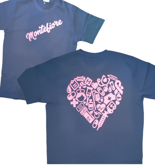 Navy Blue Short Sleeve T-Shirt with Pink Heart