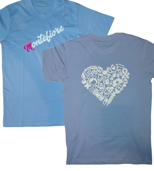 Baby blue short sleeve t-shirt with pink M and white heart