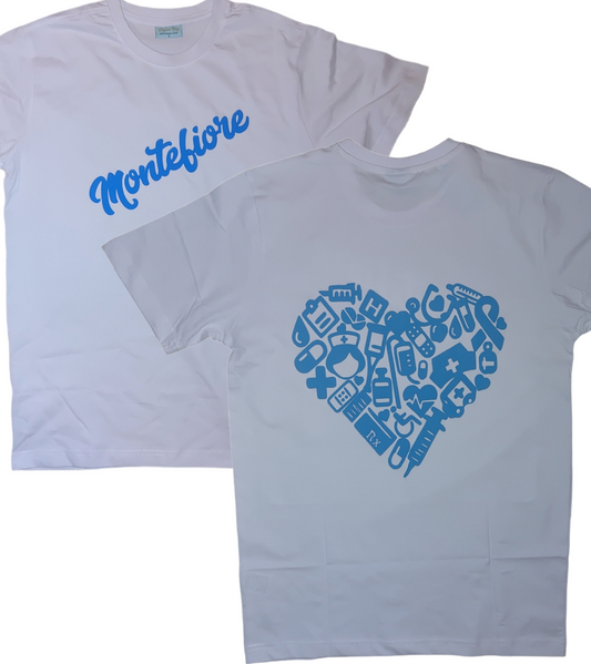 White short sleeve t-shirt with royal blue heart