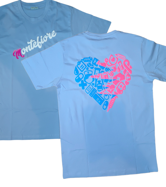 Baby blue t-shirt with Pink M and half & half 3D puff heart